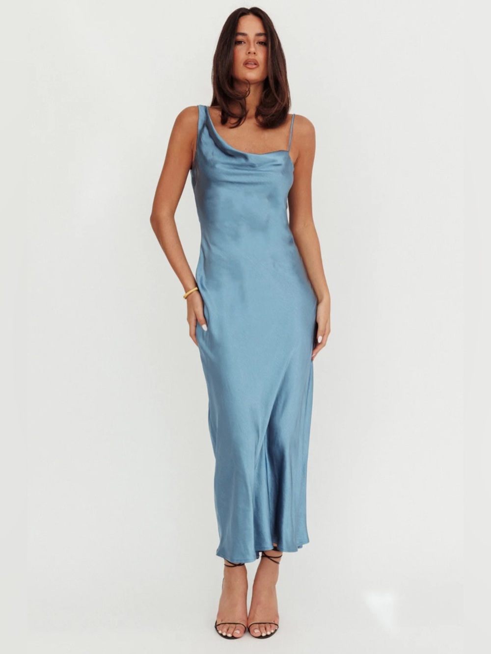 NWT Here Comes The Sun Sleeveless Satin Steel Blue Maxi Dress Size Small